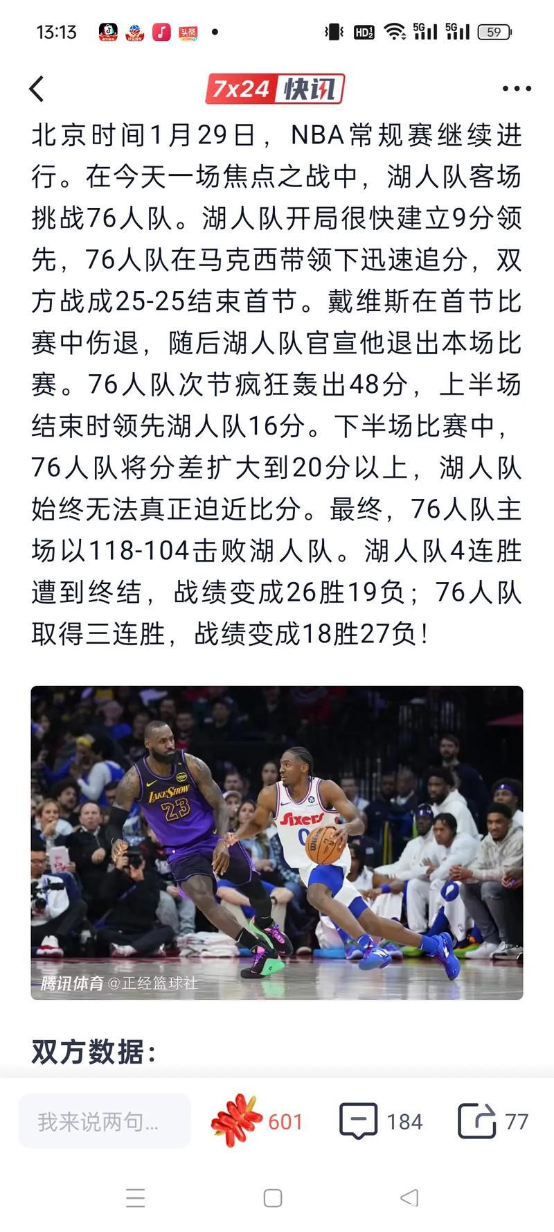 马克西狂砍43分詹姆斯31+8+9 湖人不敌76人终结4连胜 马克西狂砍43分詹姆斯31+8+9 湖人不敌76人终结4连胜